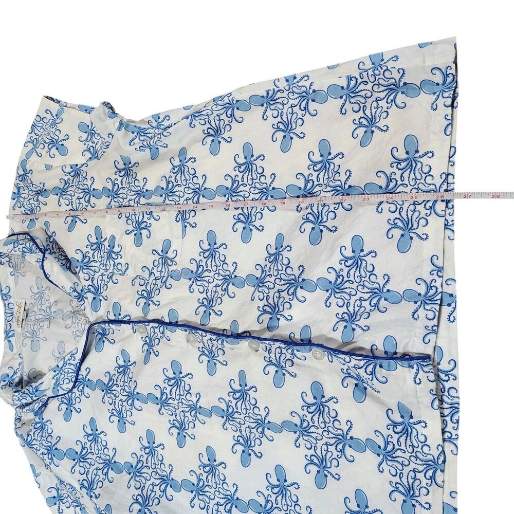 Womens Octopus Pajama Set Size XL Blue White Coastal Nautical Cotton - Picture 11 of 12